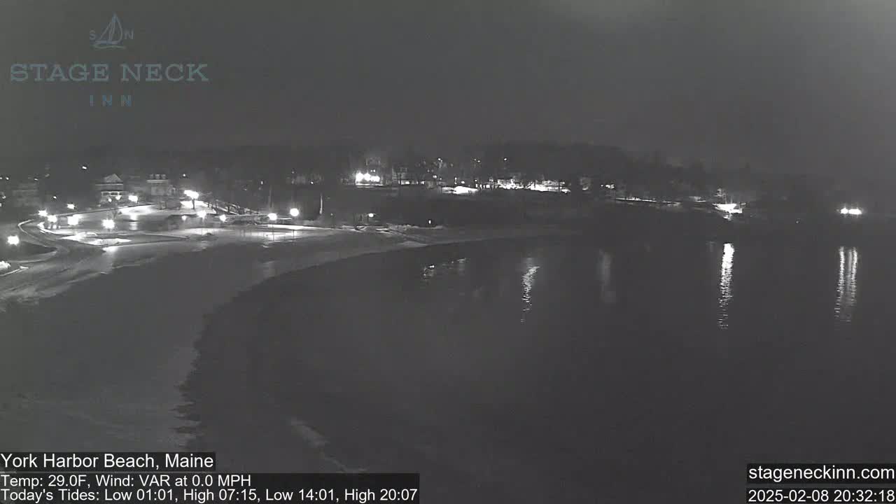 A nighttime view of a snow-covered beach and calm water, with a few lights visible in the distance on land.