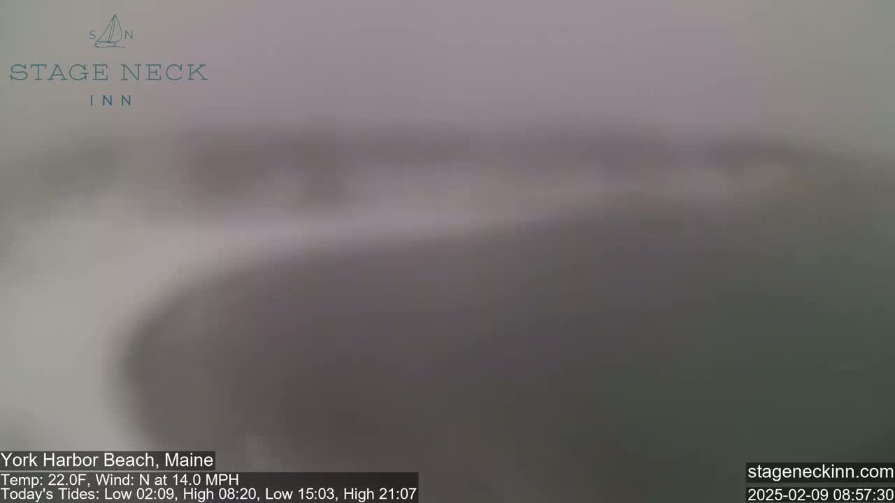 A blurry, gray outdoor image shows a hazy or foggy scene with a temperature of 22°F and a north wind of 14 mph.