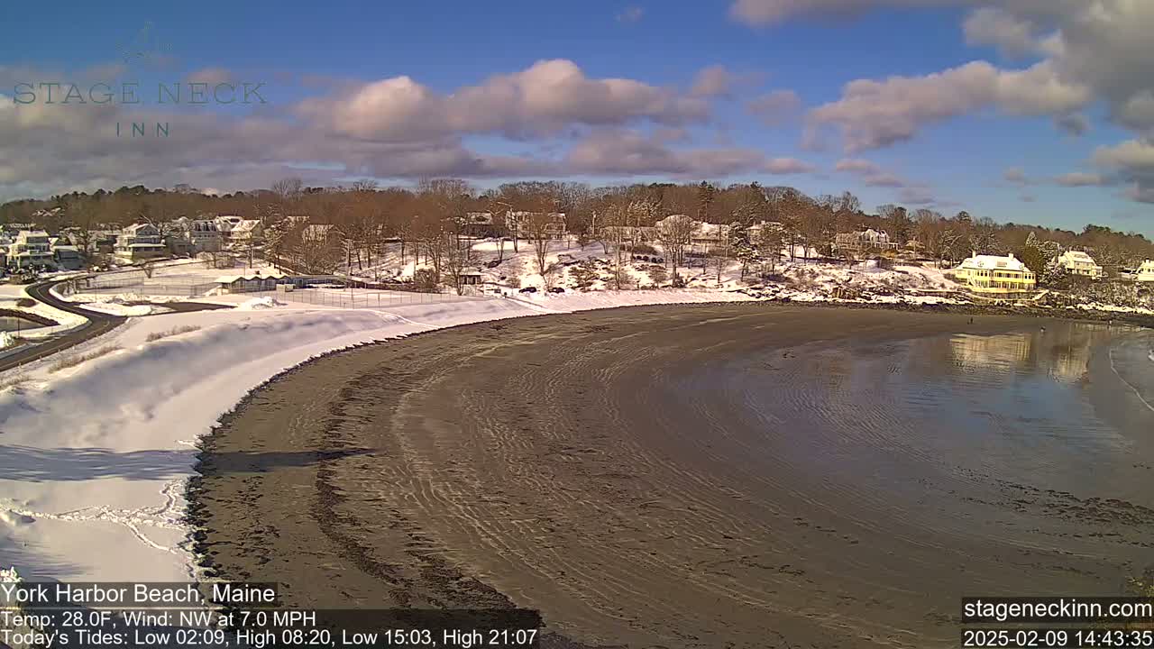 A snow-covered beach with a calm body of water, houses on a hill in the background under a partly cloudy sky.