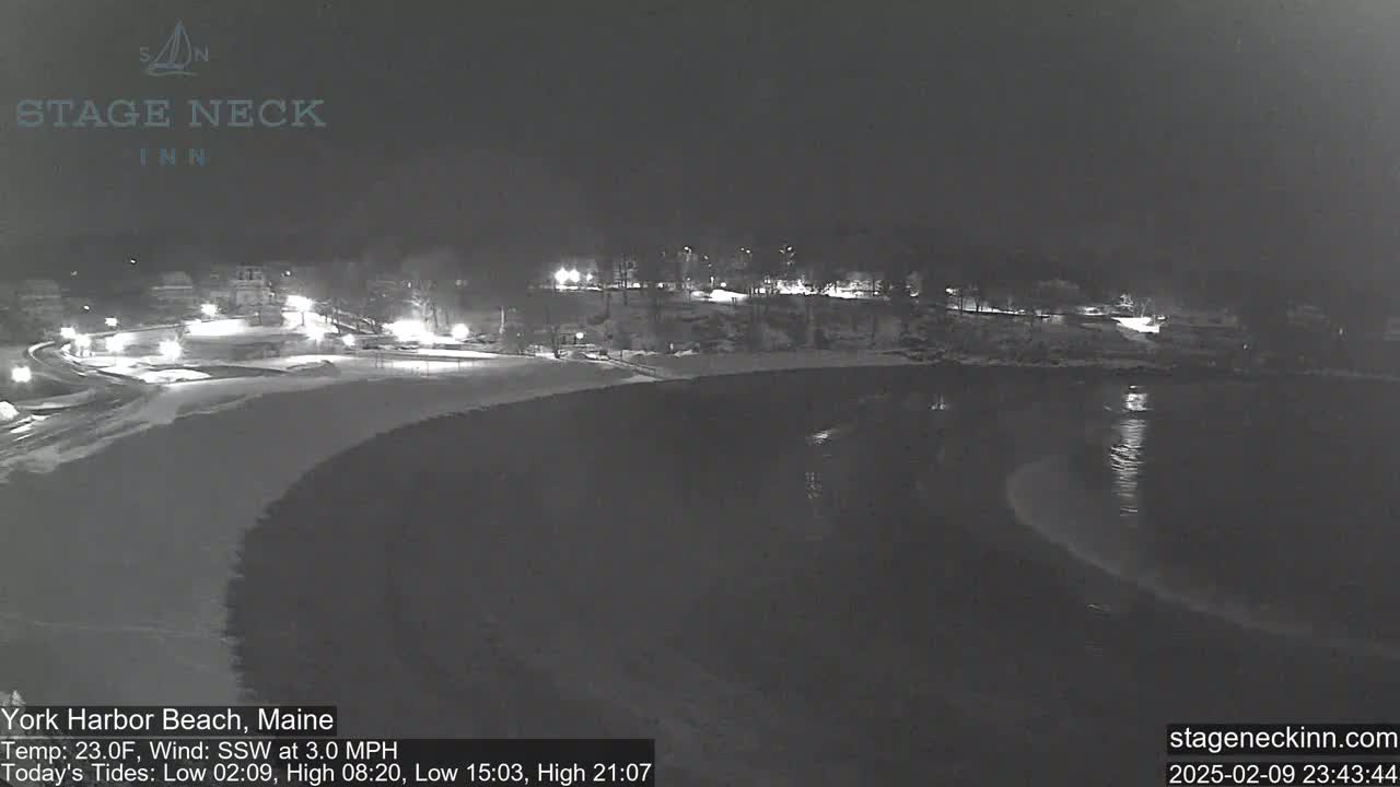 A nighttime, snow-covered beach scene with a calm, dark body of water, dimly lit buildings in the background, and a slight south-southwesterly wind.