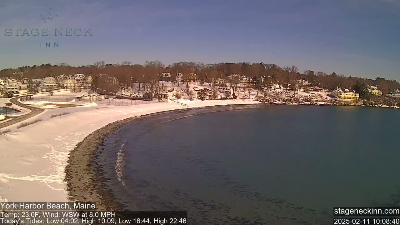 A snow-covered beach with houses on a hillside overlooks a calm body of water under a clear, sunny sky.