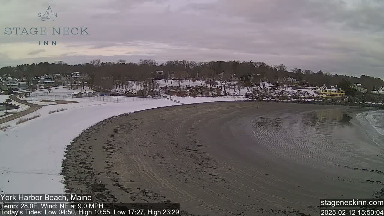 A mostly overcast, snow-covered beach scene shows a partially receding tide, with a residential area and trees in the background.