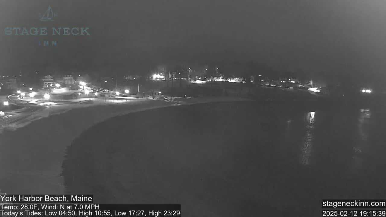 A nighttime view of a snow-covered beach and calm body of water, with dimly lit buildings in the background under a foggy sky.