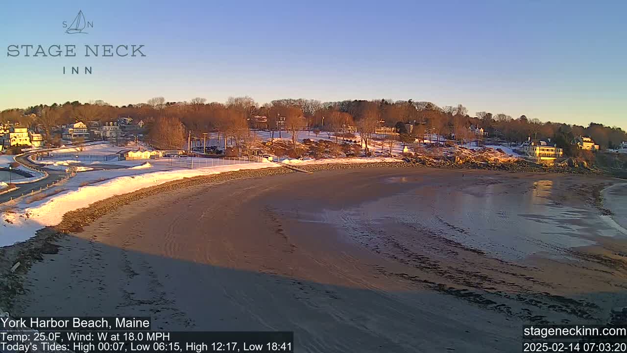 A sandy beach curves around a shoreline with buildings and snow-covered trees under a clear, bright sky.