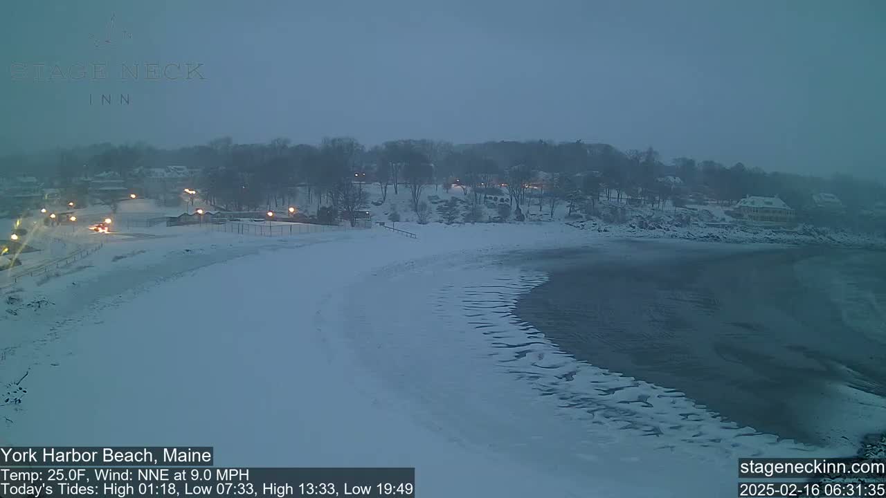 A snow-covered beach at dusk, with a calm body of water partially frozen near the shore and a line of trees and buildings visible in the background.
