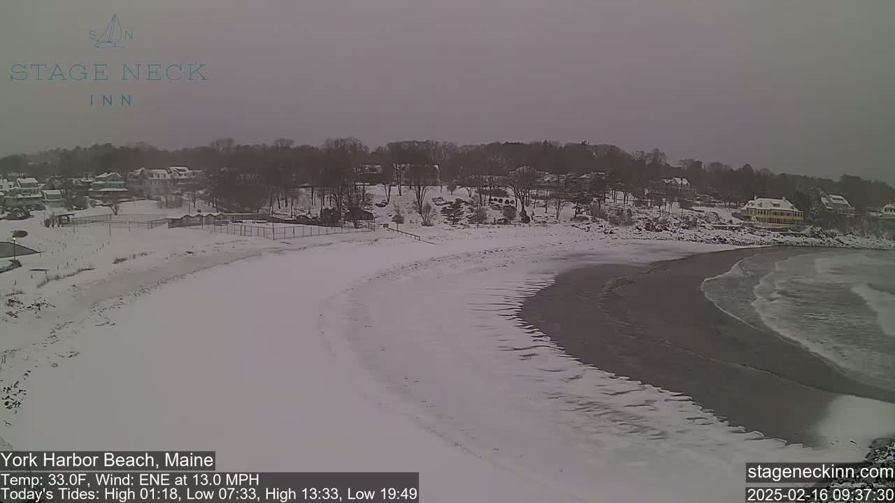 A snow-covered beach curves gently into a dark ocean with small waves under an overcast sky.