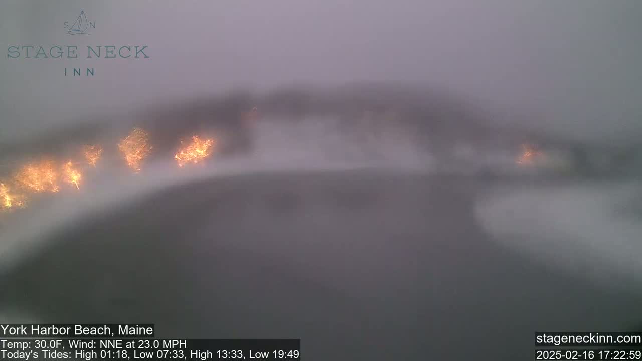 A hazy, foggy view of distant orange lights, possibly flames, in a cold, windy scene.