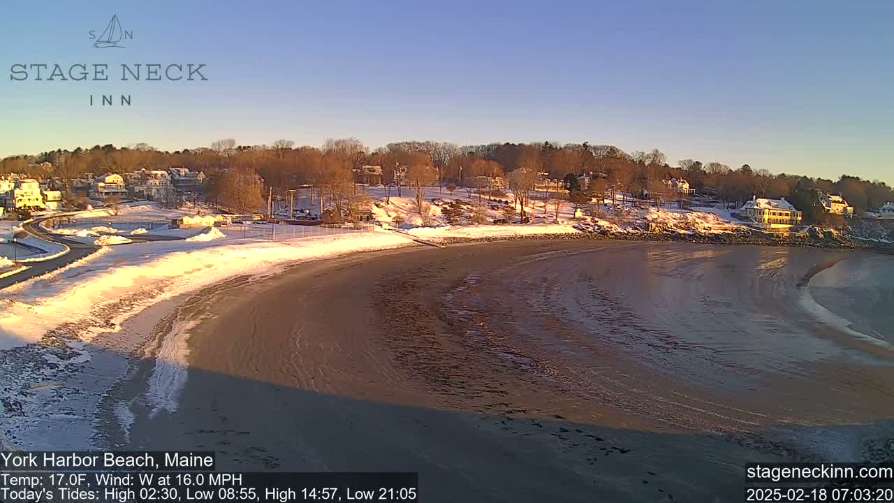 A snow-covered beach curves around a calm bay under a clear, bright sky, with houses and trees visible on the hillside beyond.