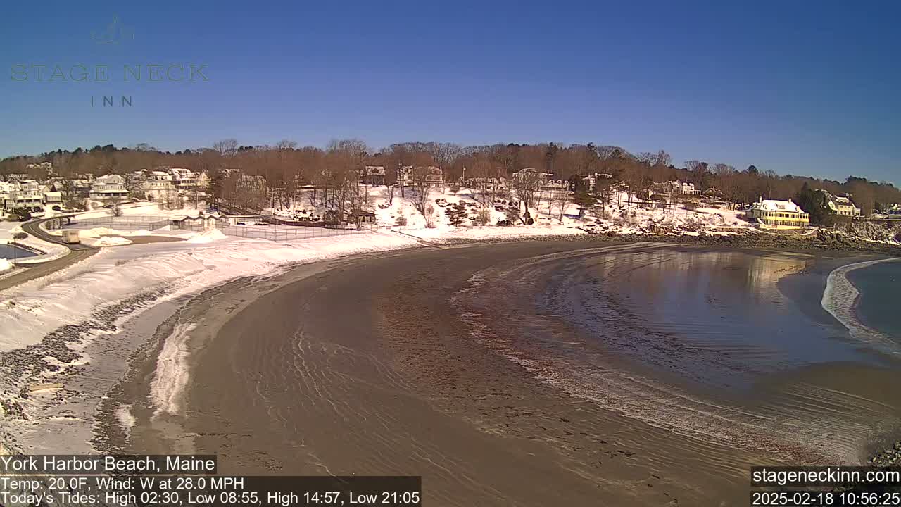 A partially snow-covered beach curves gently into a calm bay under a clear blue sky, with houses and trees visible on the elevated land behind it.