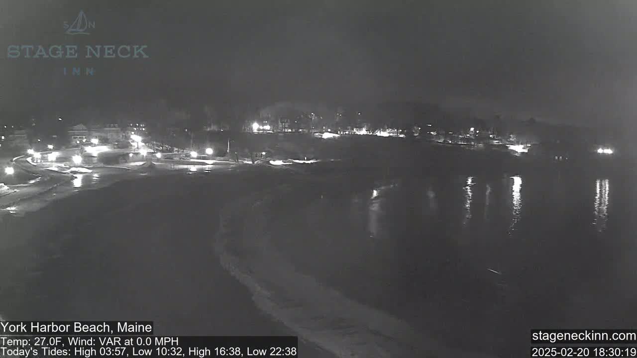 A nighttime view of a dark, calm body of water next to a snow-covered shoreline with dimly lit buildings in the distance.