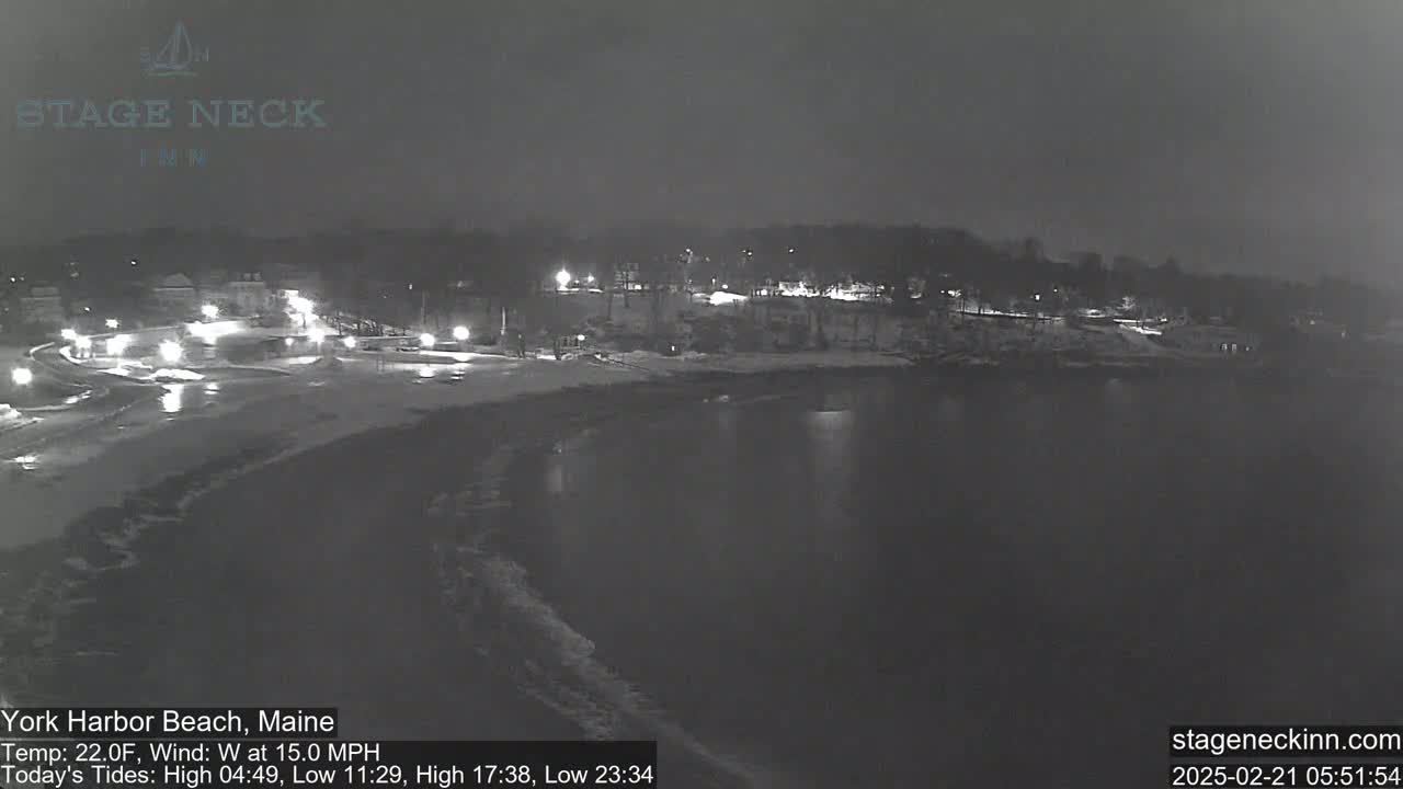A snow-covered beach at night is dimly lit by streetlights, with a calm body of water reflecting the lights and a dark, wooded area visible in the background.