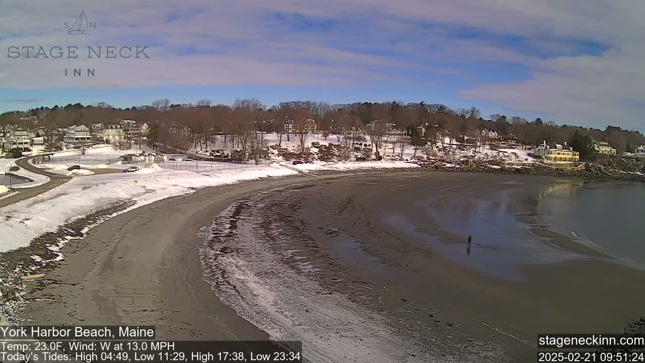 A sandy beach with a calm body of water, partially covered in ice, fronts a snow-covered residential area under a partly sunny sky.