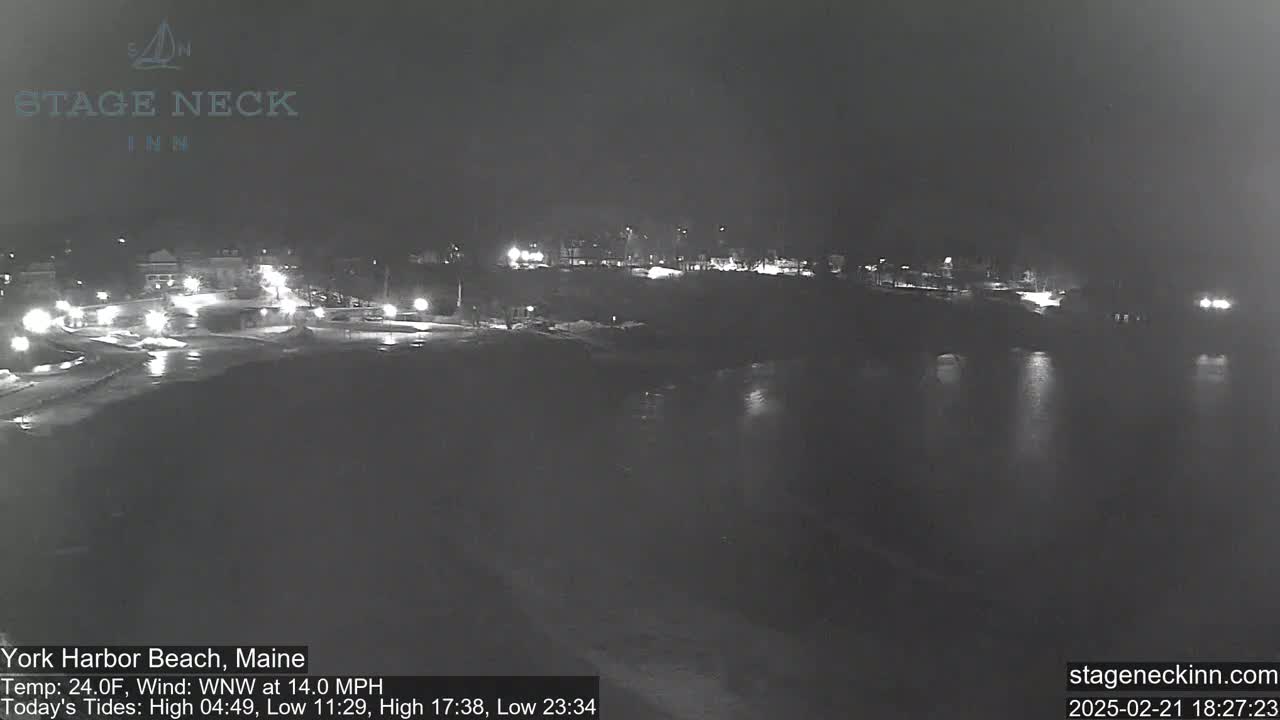 A nighttime, low-light view of a snow-covered waterfront area with distant lights and a calm body of water under a dark sky.