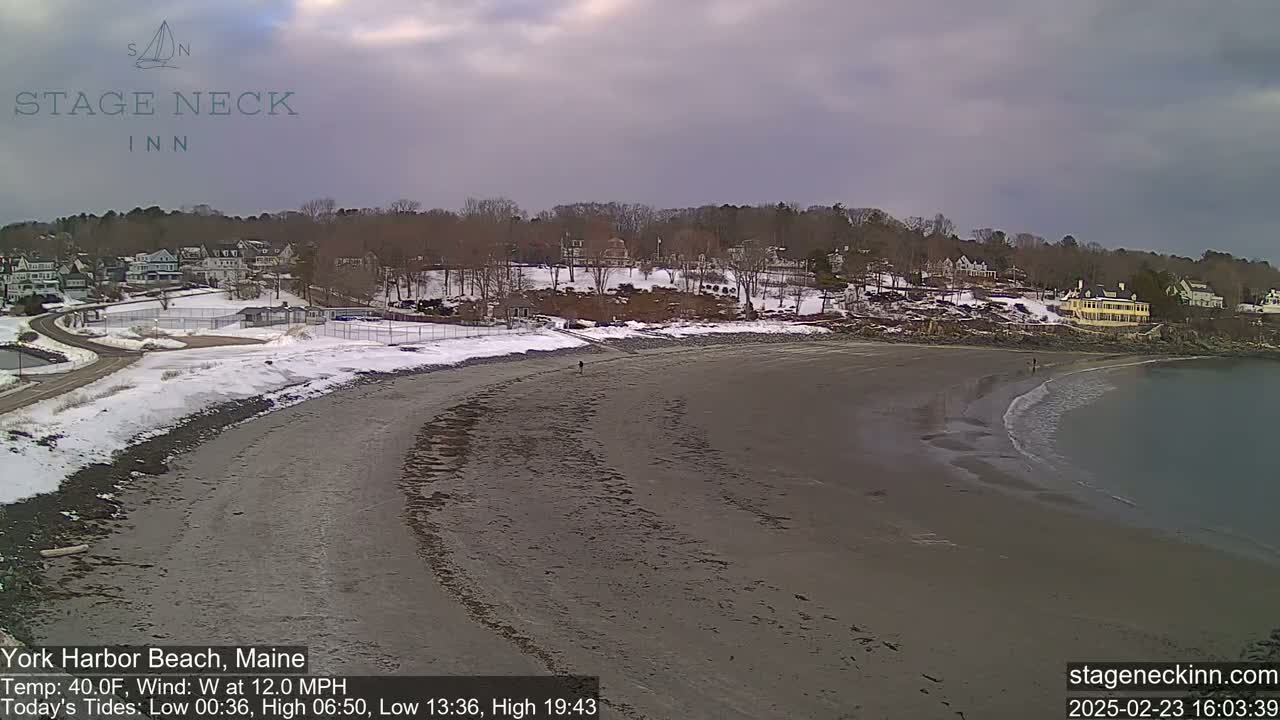 A mostly cloudy day shows a sandy beach with a few small waves lapping the shore, some snow on the ground nearby, and a residential area on a hill in the background.