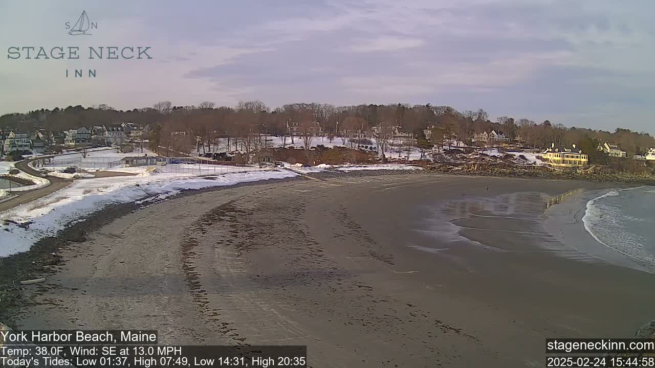 A sandy beach with a gently lapping ocean, partially covered in snow, overlooks a shoreline of houses and trees under a partly cloudy sky.