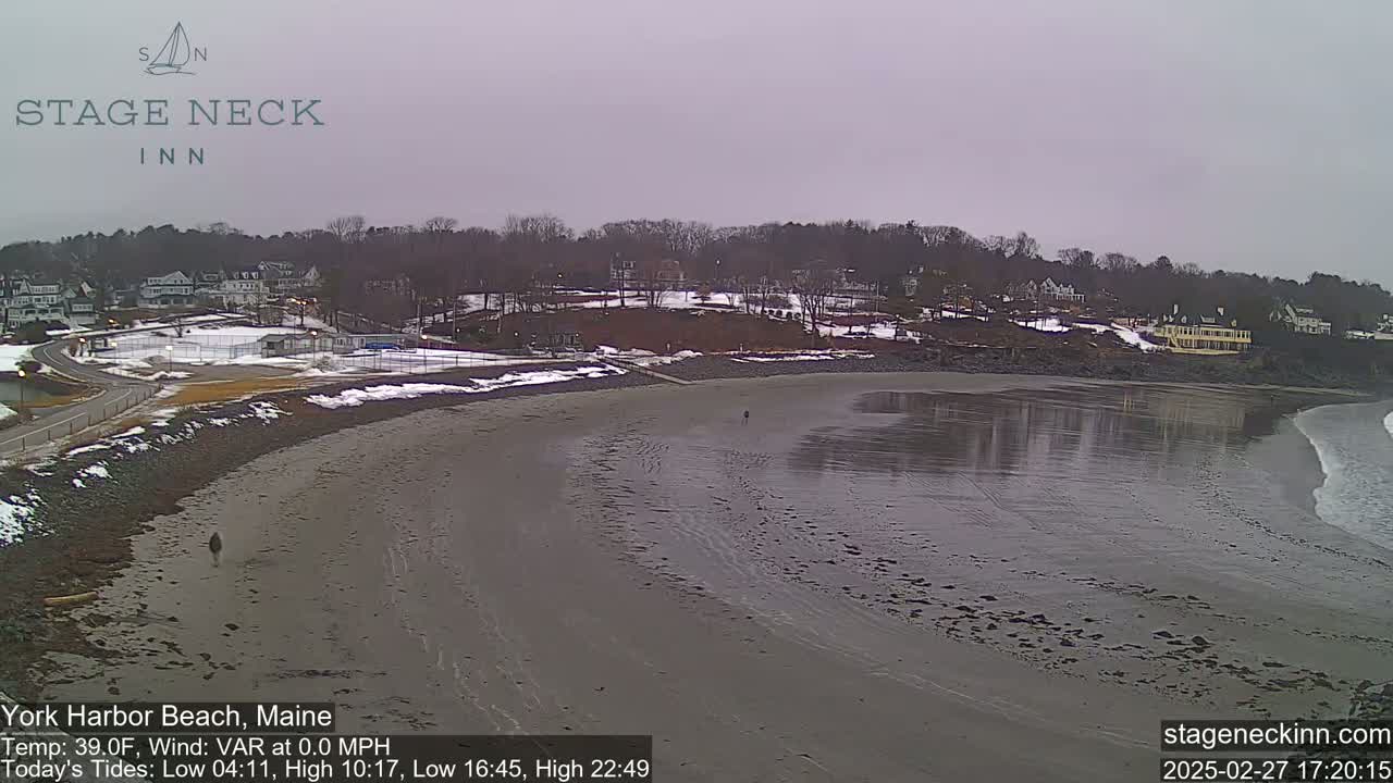 A mostly cloudy day shows a wide, sandy beach with calm, shallow water, and a small town in the background with some snow patches visible.