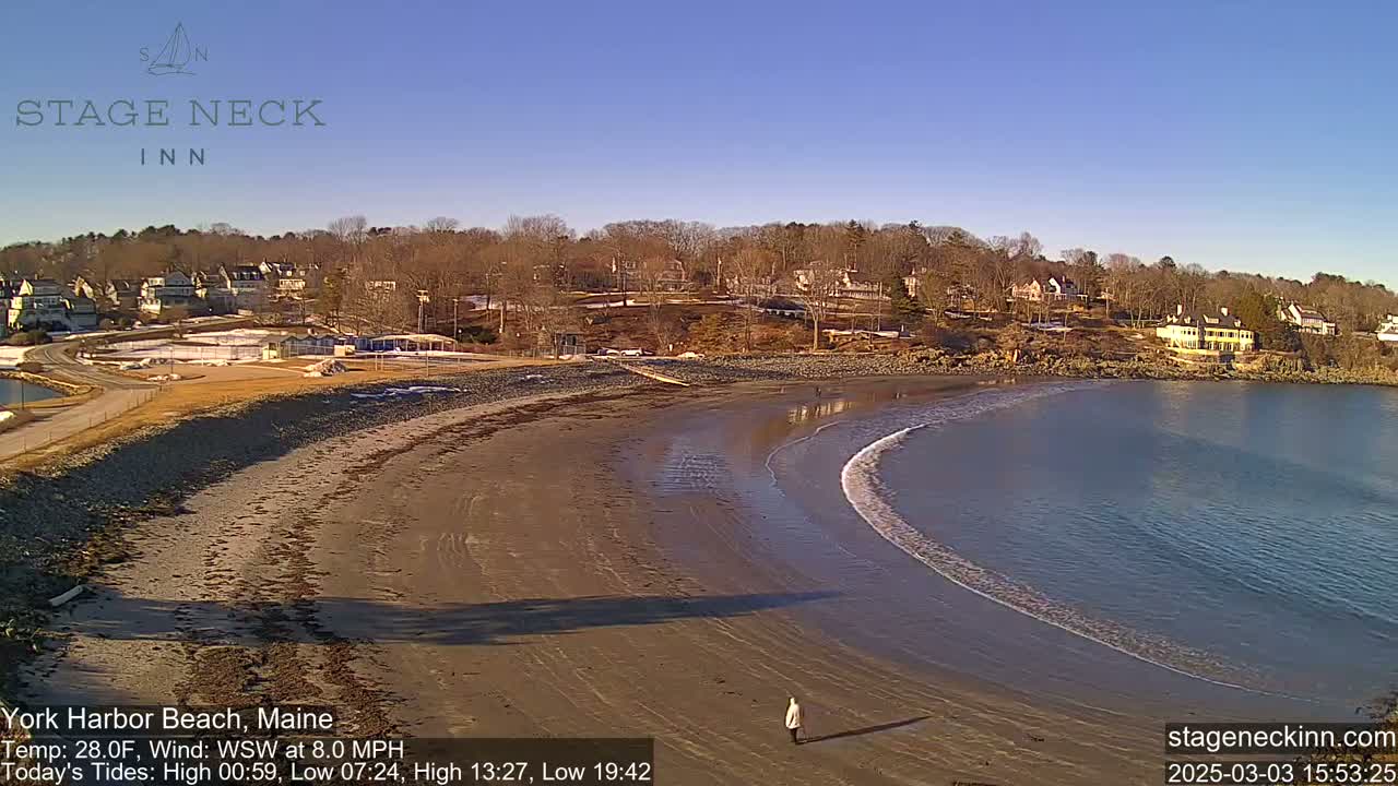 A sandy beach curves into a calm bay under a clear blue sky, with a person walking along the shore and buildings visible in the distance.