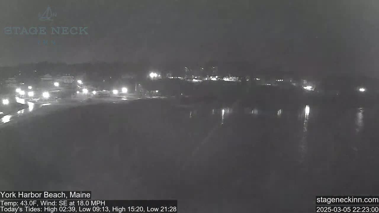 A nighttime view of a dark, wet road and body of water, with some lights visible in the distance under a dark sky.