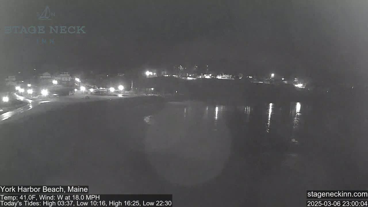 A nighttime view of a dark body of water reflecting a few lights from a distant shoreline under a clear sky.