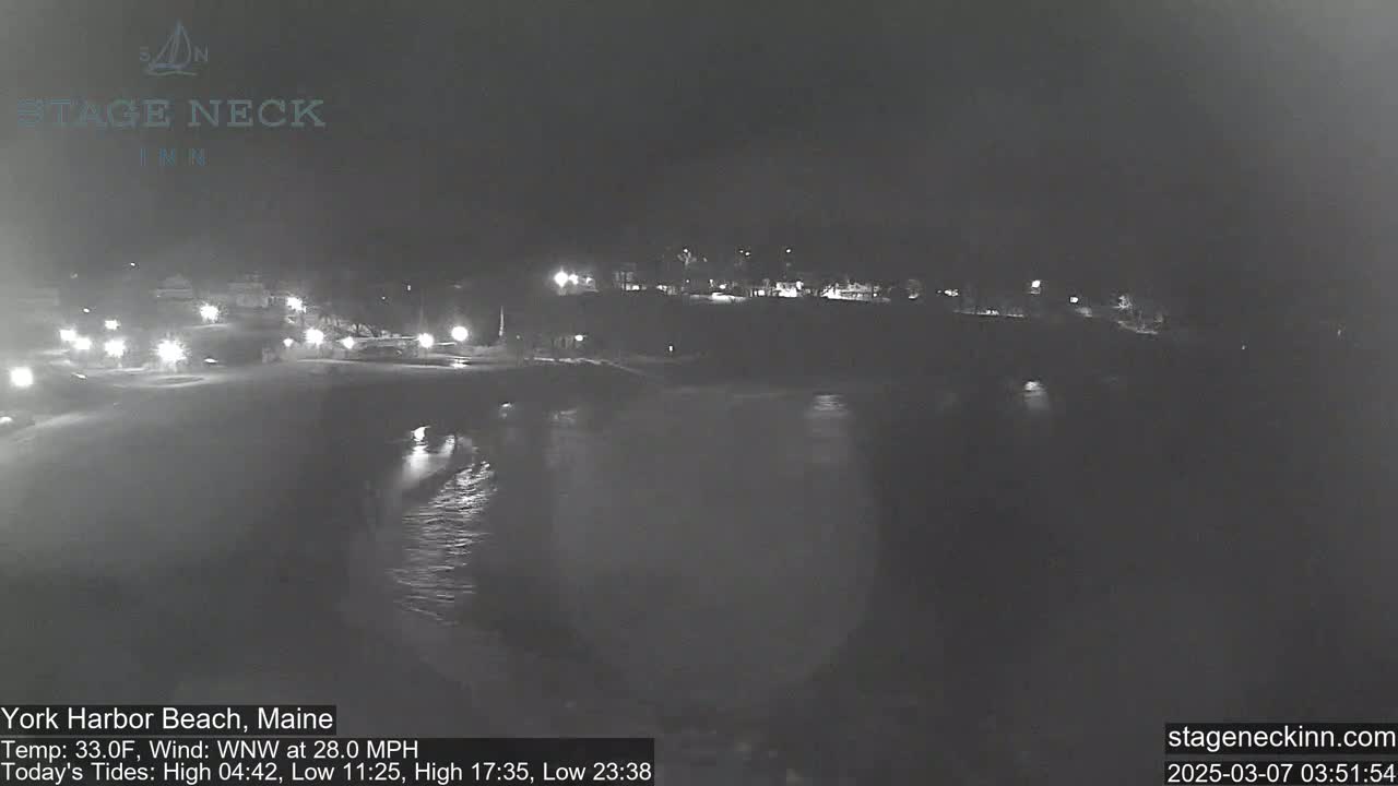 A nighttime view of a dark beach with a body of water reflecting lights from a distant road.