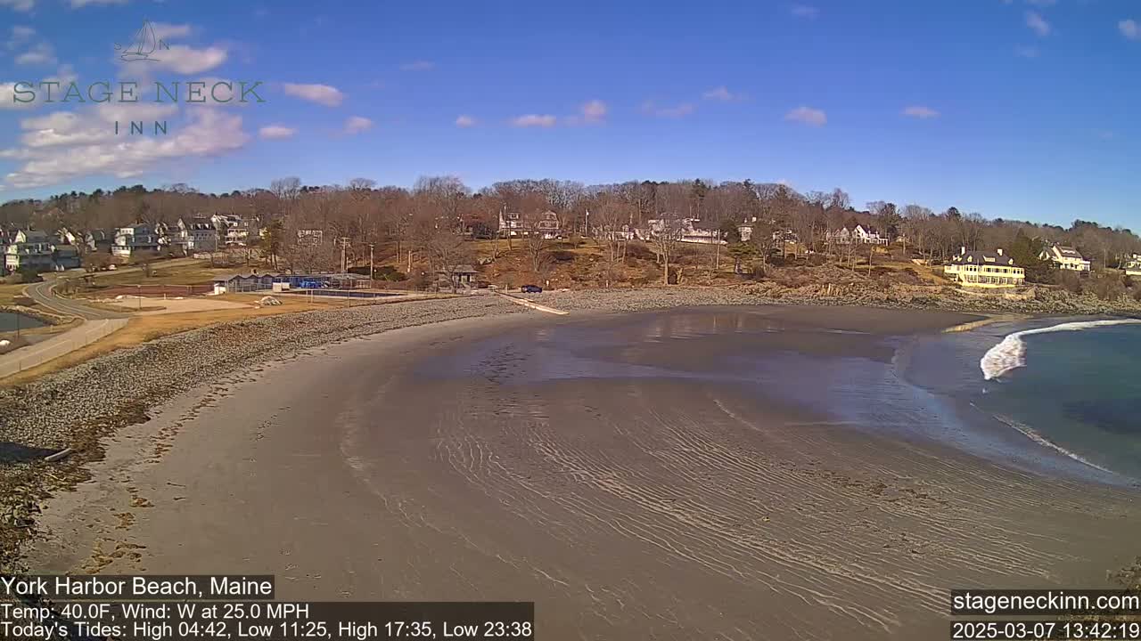 A wide sandy beach stretches towards a calm ocean with small waves under a mostly clear blue sky, backed by a line of houses and trees.