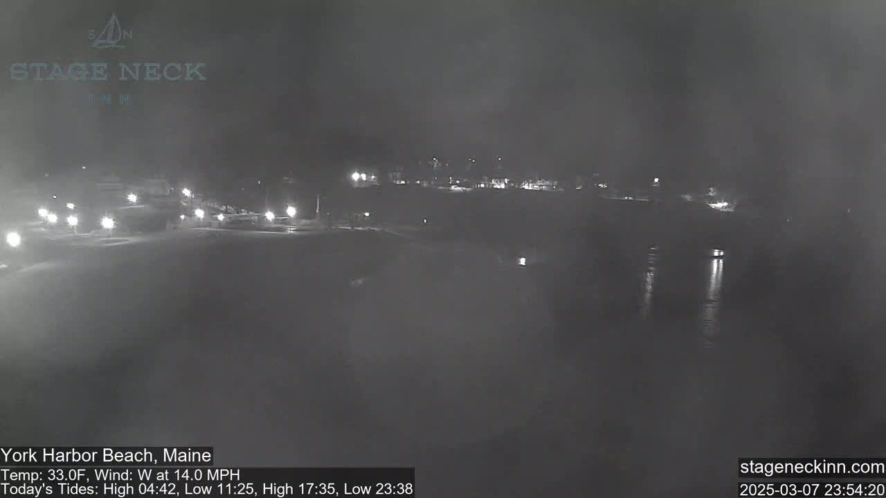 A nighttime view of a snow-covered landscape near a body of water, with a few distant lights visible and a moderate wind.