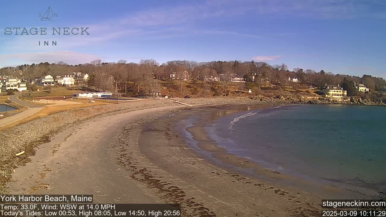 A sandy beach curves along a calm body of water, under a clear blue sky, with residential buildings visible on a hill in the background.
