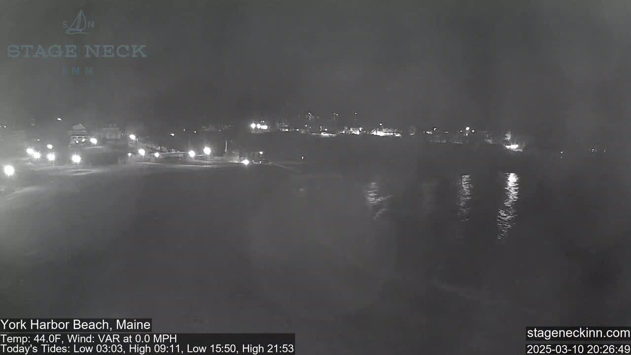 A nighttime view of a dark beach and calm water with a few lights visible in the distance.
