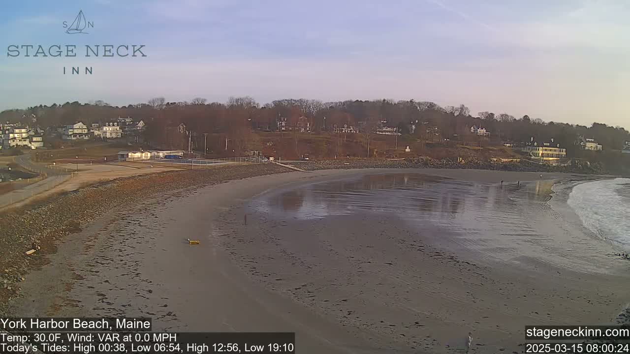 A mostly sandy beach with a calm ocean and a few people walking, backed by a line of houses on a hill, under a clear, pale sky.
