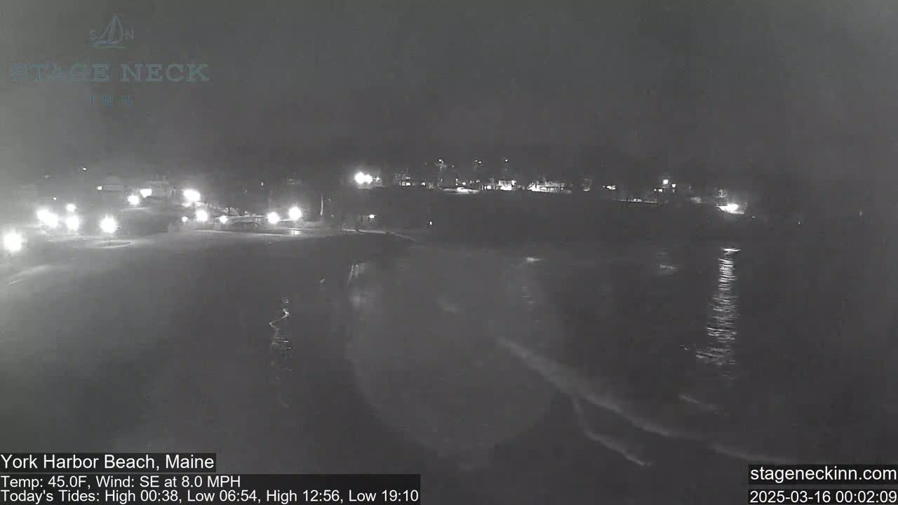 A nighttime view of a dark ocean with gentle waves lapping a shore under a cloudy sky.