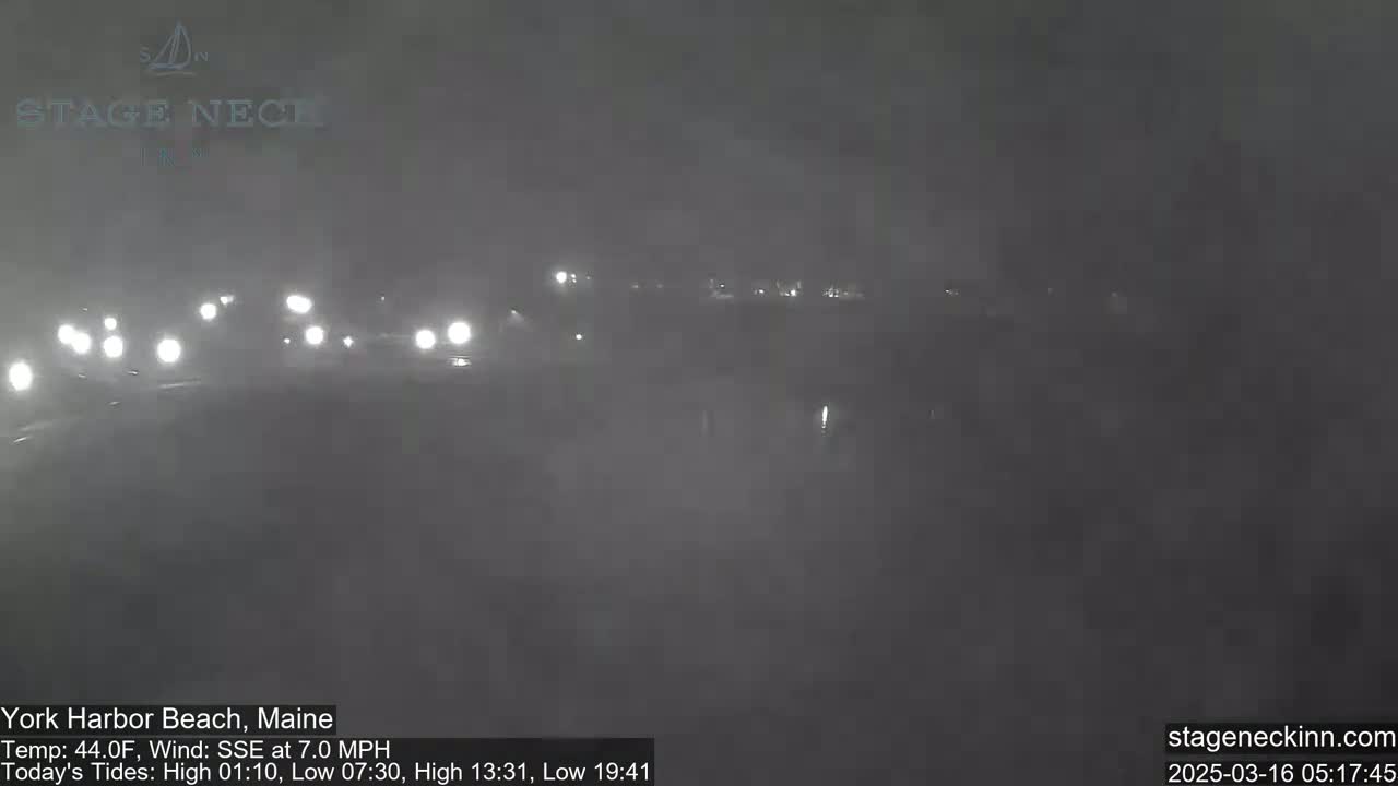 A foggy night scene shows the headlights of numerous vehicles on a road.