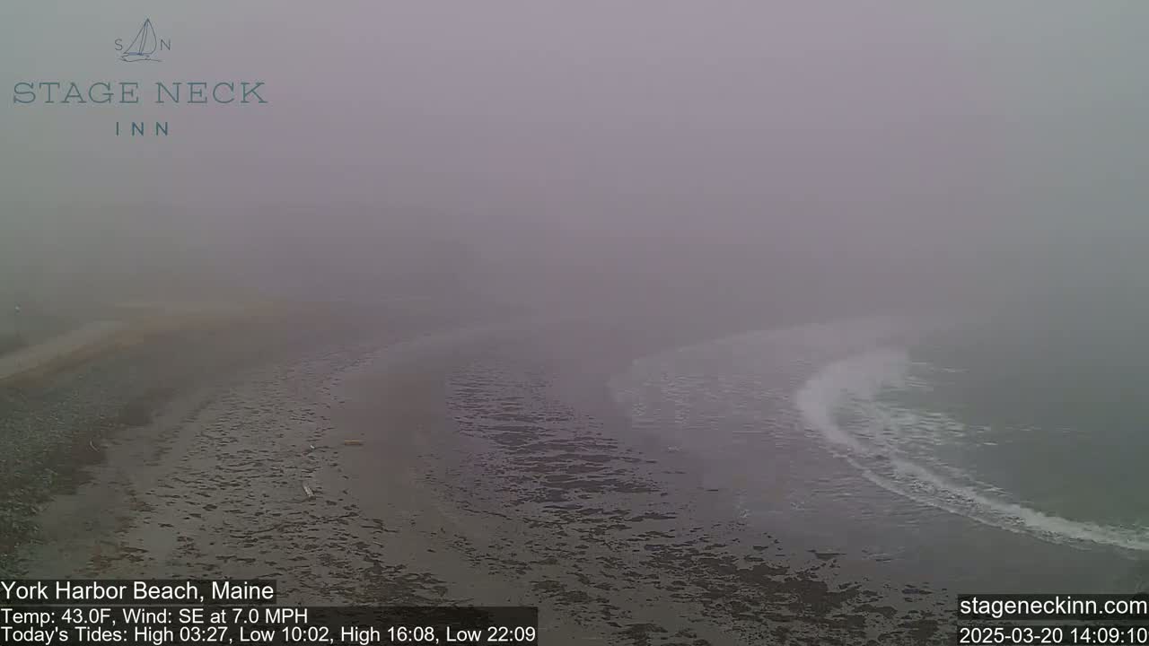 A foggy coastal scene shows a body of water with faint wave action near the shore.