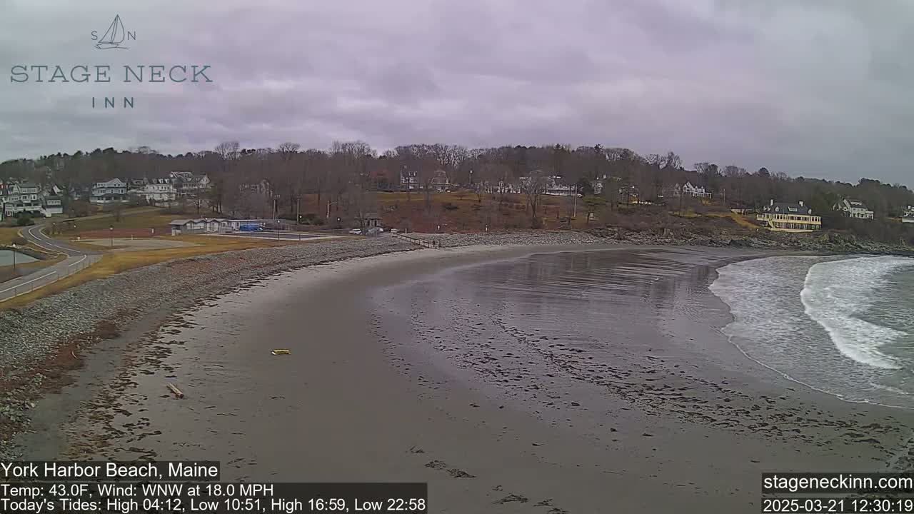 A mostly cloudy day shows a sandy beach curving gently into a grey ocean with small waves lapping the shore, backed by a residential area with trees and houses.