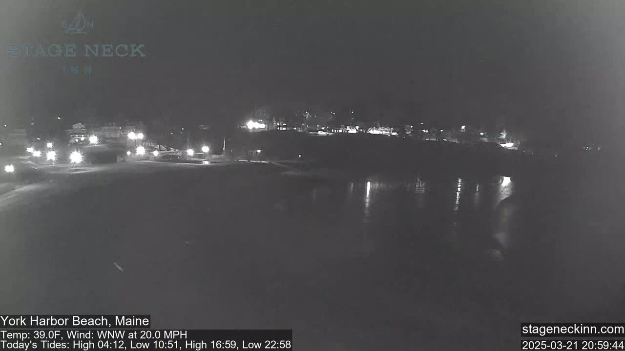 A nighttime view of a dark, calm body of water near a shoreline with dimly lit buildings and a road in the background, under a WNW wind at 20 mph and a temperature of 39°F.