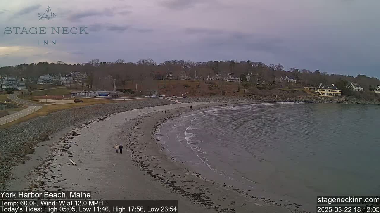 A sandy beach with a few people walking on it slopes down to a calm, gray ocean under an overcast sky.