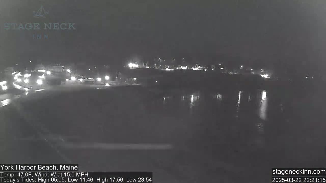 A nighttime view of a body of water reflecting lights from a nearby road with traffic visible in the distance under a dark sky with a 15 mph wind.