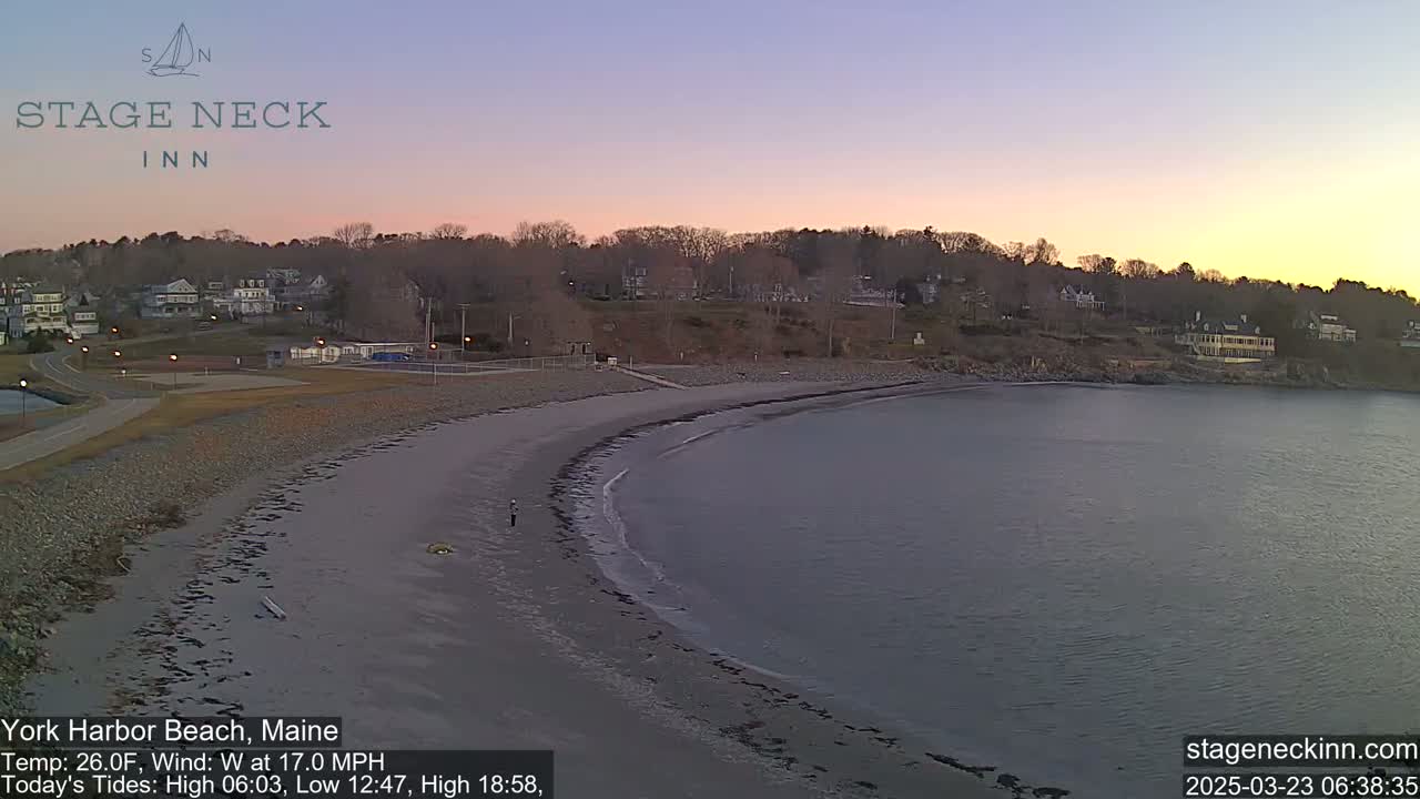 A sandy beach curves into calm, gray water under a pale pink and purple sunset;  houses and trees are visible in the background.