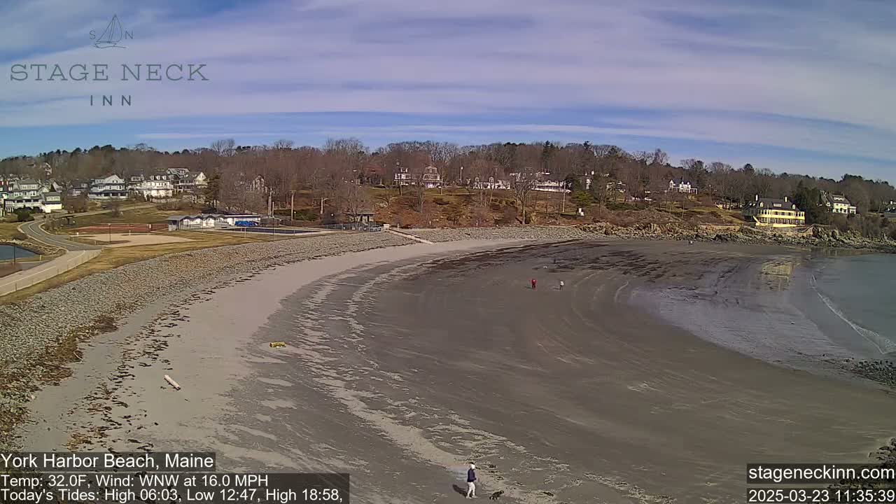 A mostly sandy beach curves around a rocky shoreline, with a few people walking on the sand under a partly sunny sky.