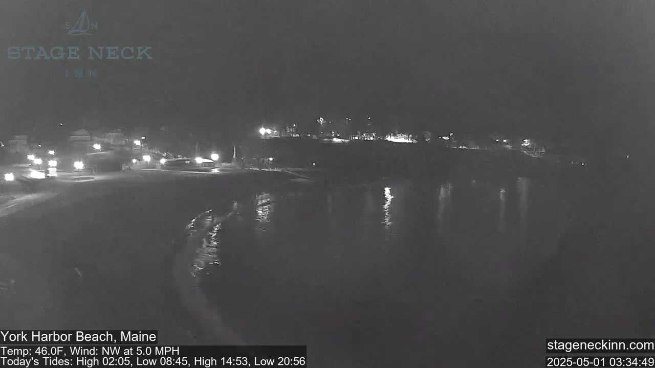 A nighttime view of a dark beach and calm water, with a few lights visible in the distance under a clear sky.