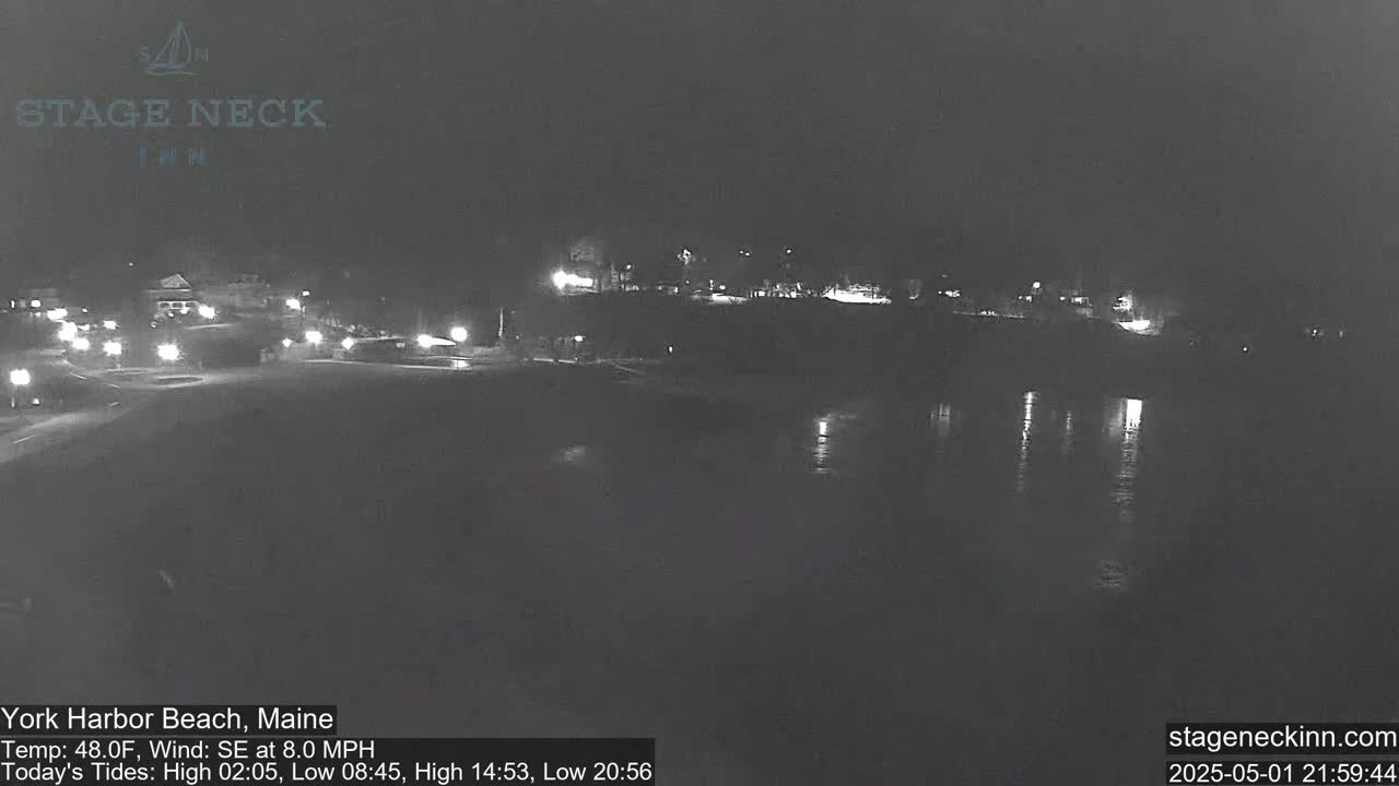 A nighttime view of a dark, calm body of water reflecting a few lights from a nearby shoreline with buildings and some streetlights visible.