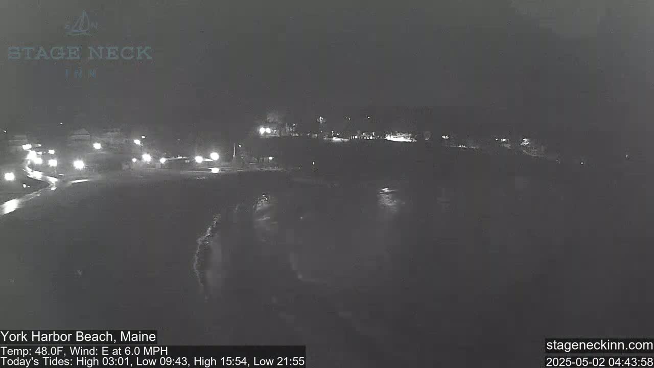 A nighttime coastal scene shows a dark beach with a road and buildings in the distance, under an overcast sky with an easterly wind.