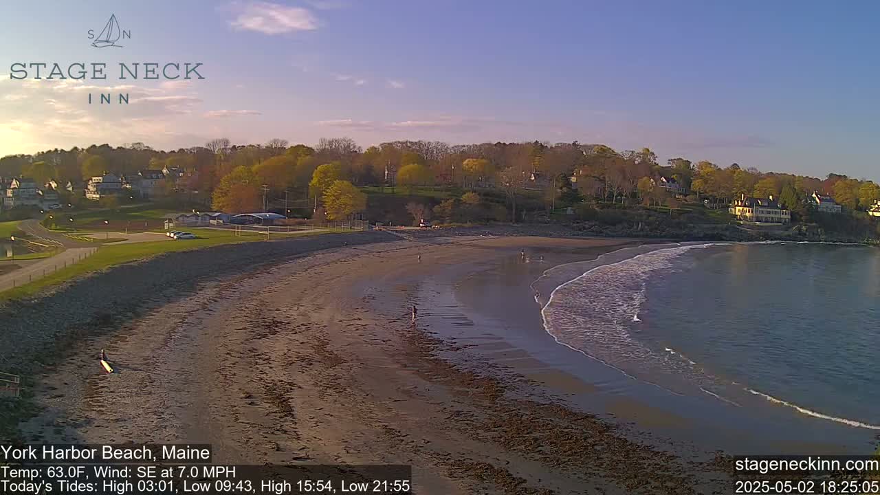 A sandy beach with gentle waves laps the shore under a clear, bright sky; several people stroll along the beach and in the water, with houses and trees visible in the background.