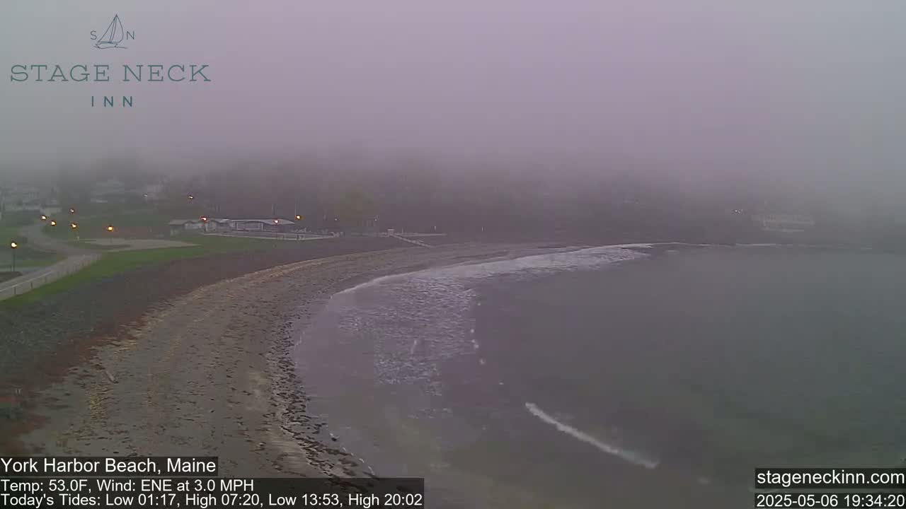 A foggy beach scene shows a sandy shore meeting a dark-colored ocean with small waves, and a road and buildings are visible in the distance.