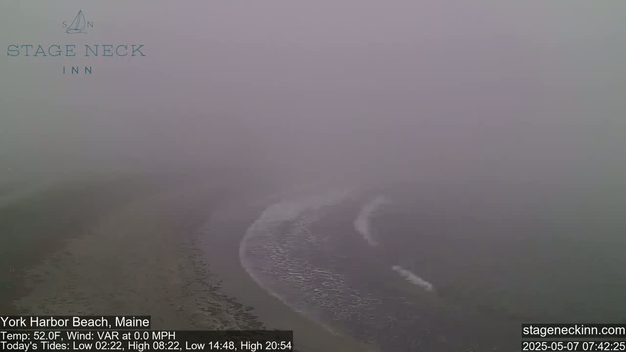 A foggy beach scene shows a shoreline with gentle waves lapping at the sand under a hazy sky.