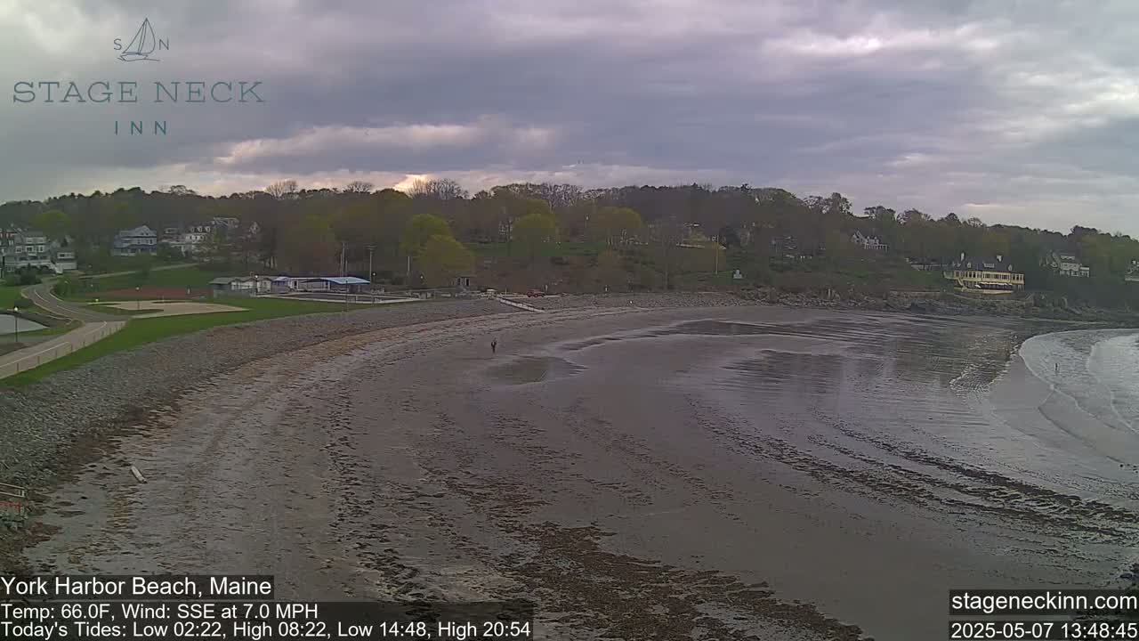 A mostly overcast sky hangs over a wide, flat sandy beach at low tide, with a small number of people visible near the waterline and buildings in the distance.