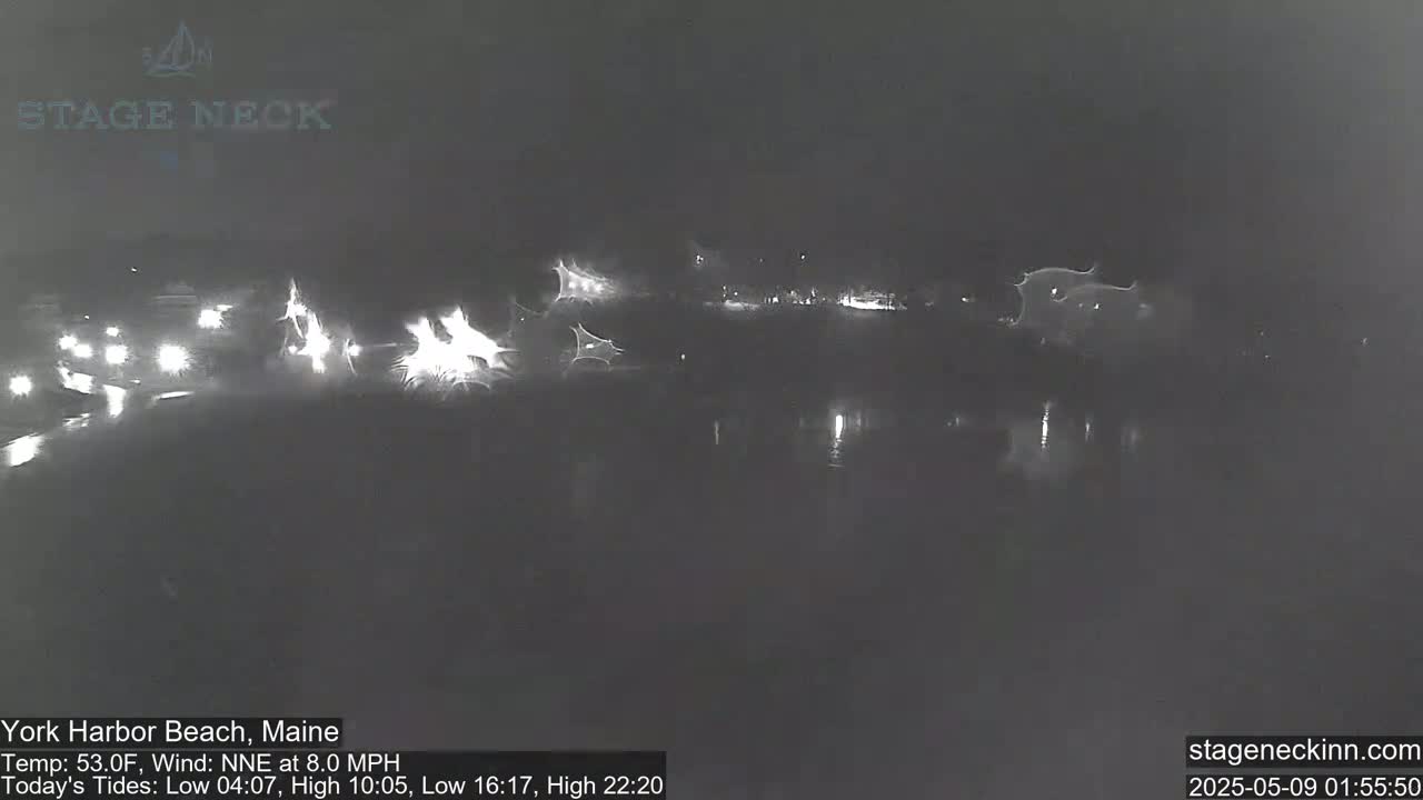 A nighttime, low-light view of a body of water with a road and vehicle headlights visible in the distance under a dark sky.