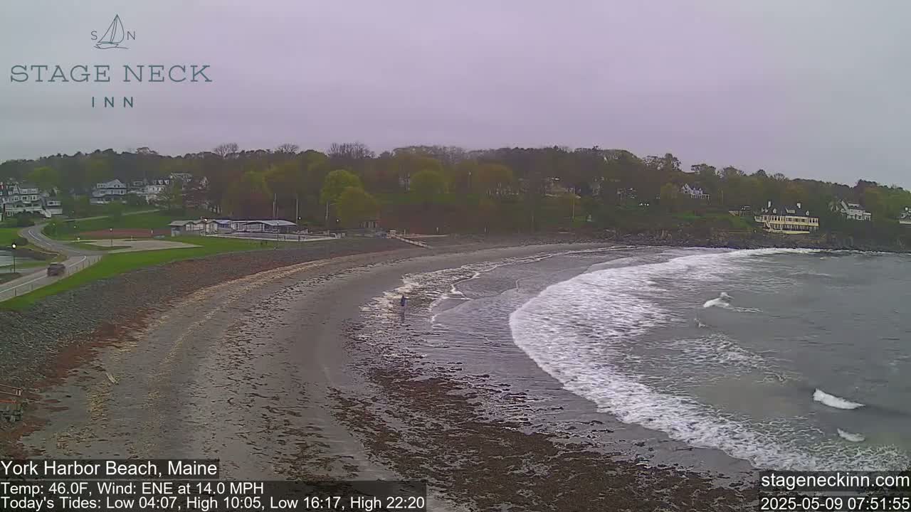 A sandy beach with small waves lapping the shore under an overcast sky.