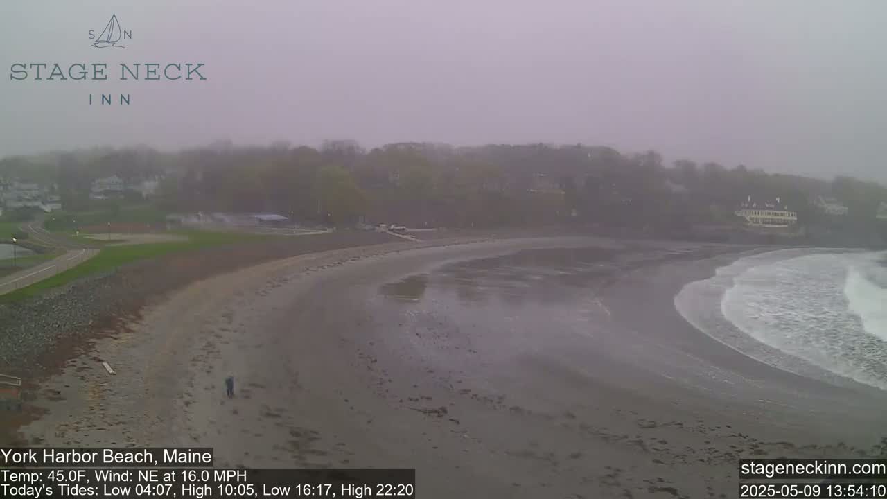 A person walks along a mostly empty sandy beach on an overcast day with a northeast wind, while gentle waves lap the shore near a hazy coastline.