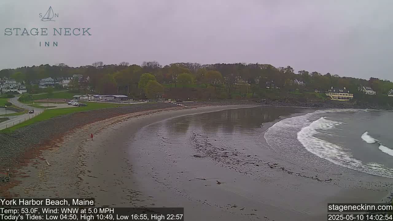 A sandy beach with small waves laps the shore under an overcast sky, with buildings and trees visible in the background.