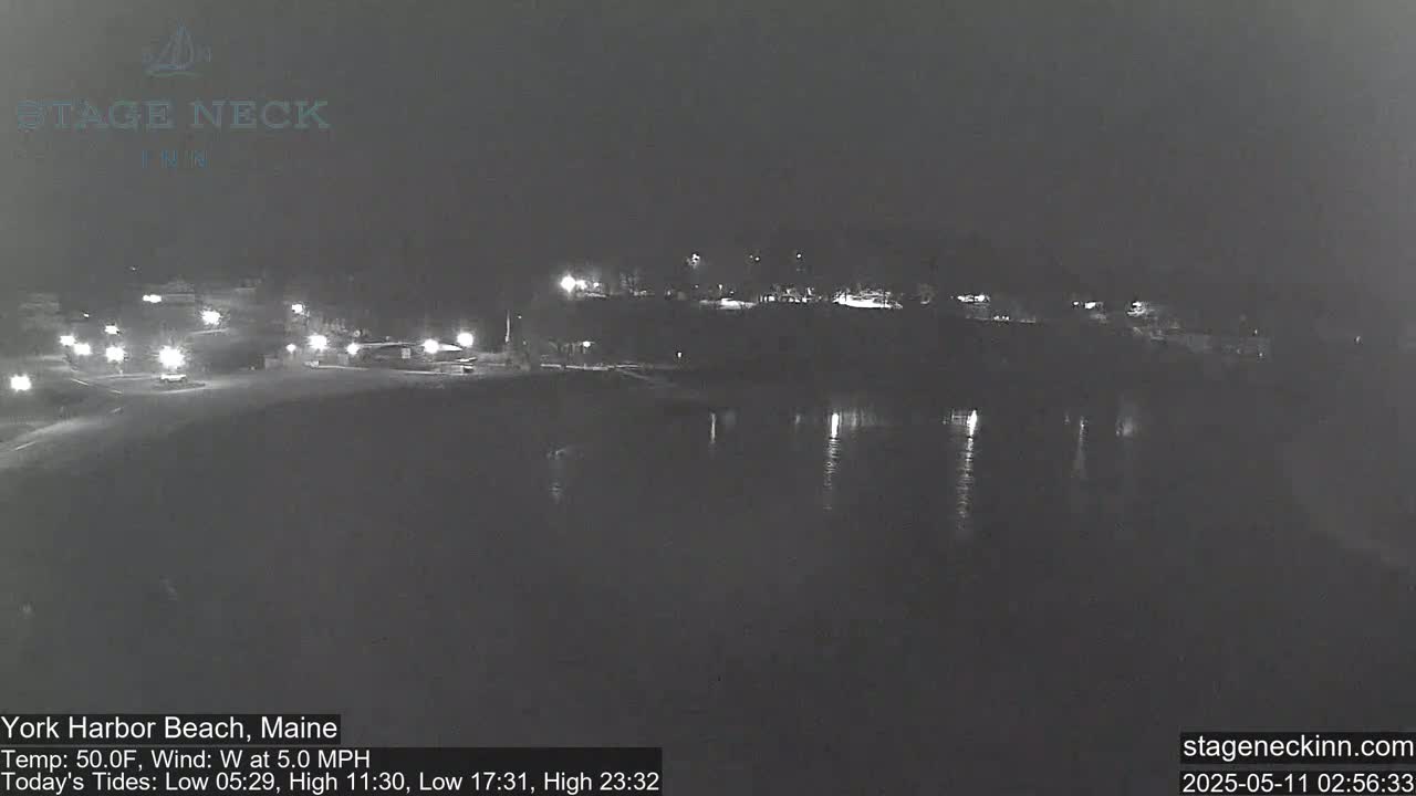 A nighttime view of a calm body of water next to a dark shoreline with sparse lights visible.